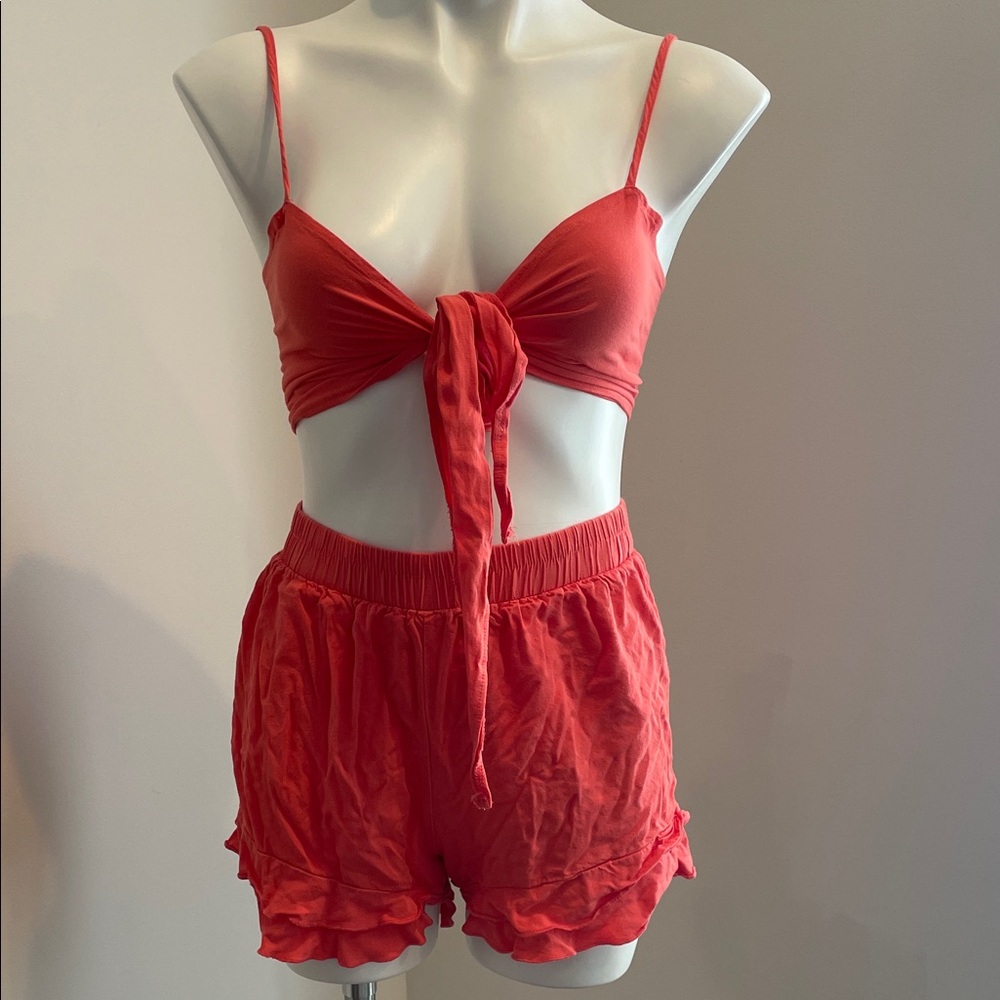 SHEIN Red Tie-Front Crop Top & Ruffle Hem Shorts Pajama Set